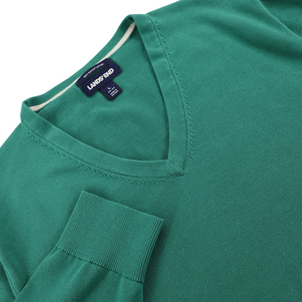 Lands End Mens Green 100% Supima Cotton V-Neck Sweater Size L 42-44 Long Sleeve